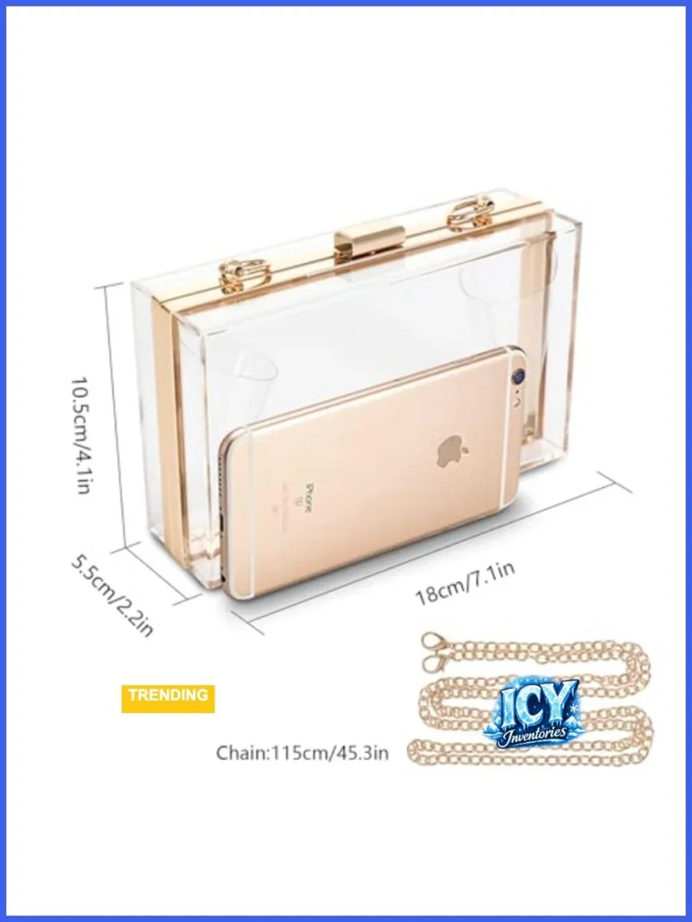 Clear Acrylic Box Clutch Stadium Approved Crossbody with Gold Chain Detachable